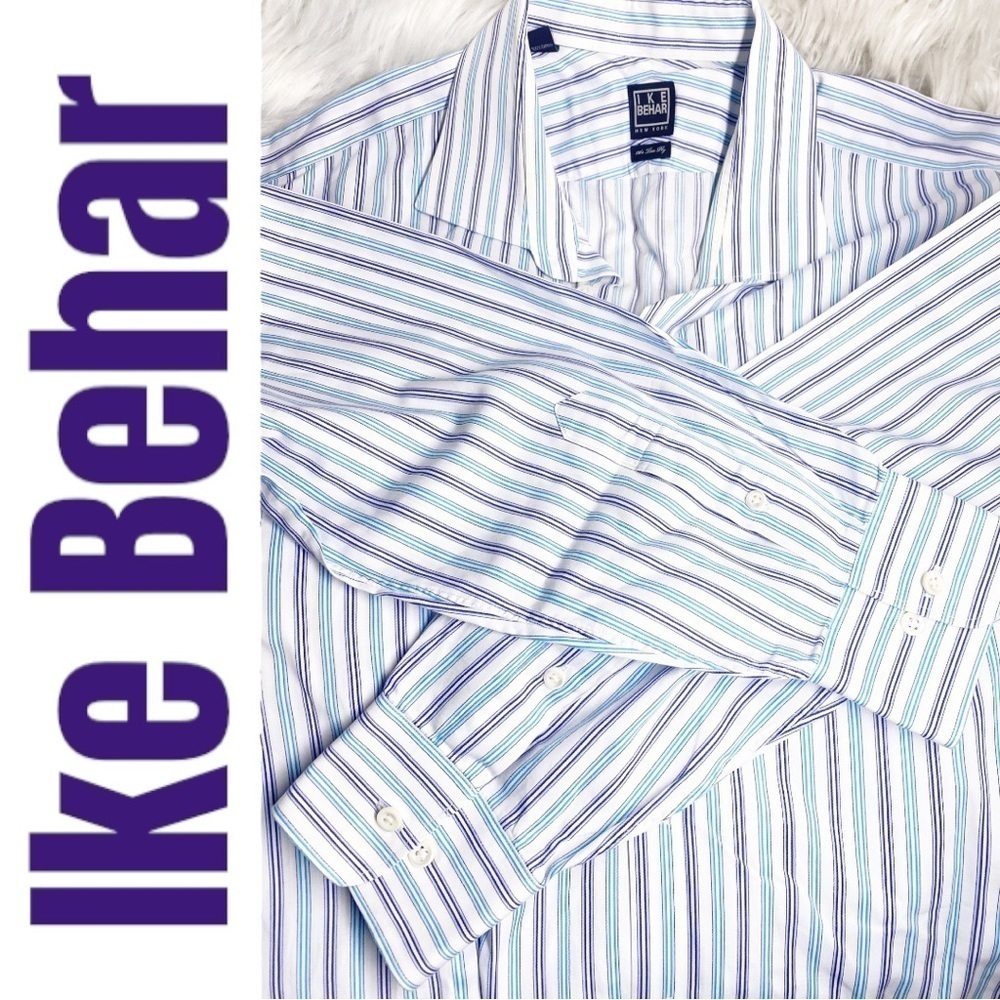 IKE BEHAR 100% Cotton Long Sleeve‎ Striped Button Up Dress Shirt, Size 17